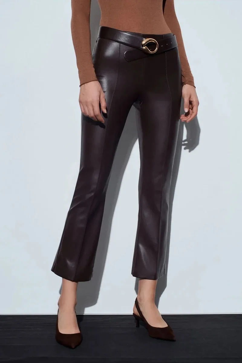 Dilvin Coffee Brown DILVIN High-Waist Faux Leather Flare Leggings for Women | Best Price UAE
