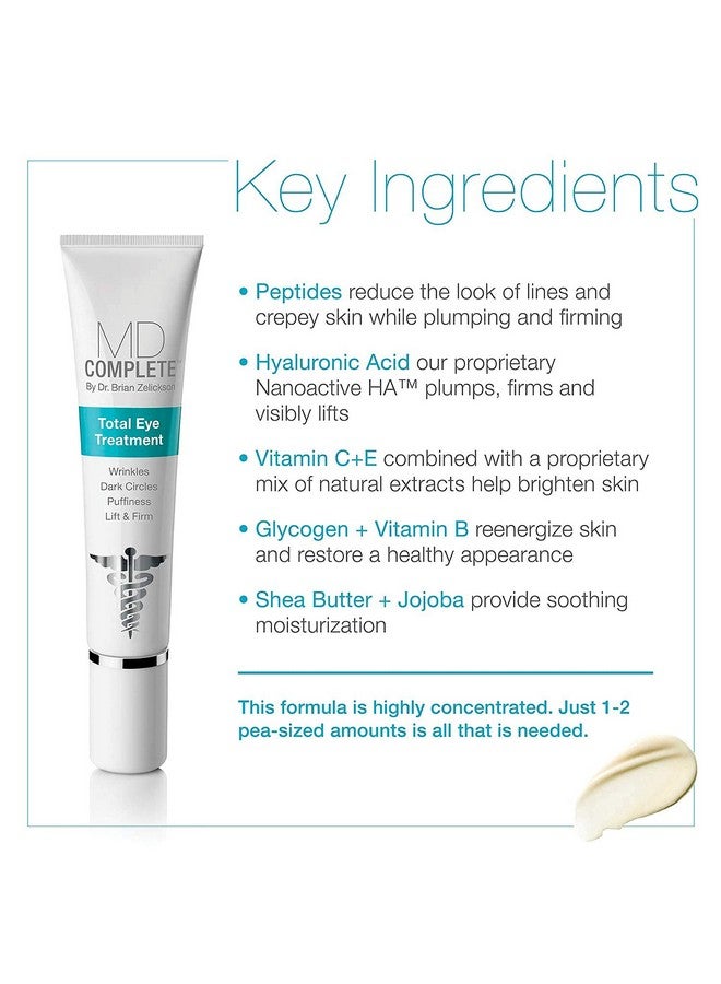 MD Complete by Dr. Brian Zelickson Md Complete Total Eye Treatment | Anti-Aging Hydrating Skin Renewal Eye Treatment | With Peptides, Vitamins C & E And Hyaluronic Acid For Wrinkles, Fine Lines And Crows Feet 0.5 Fl Oz - Image 2
