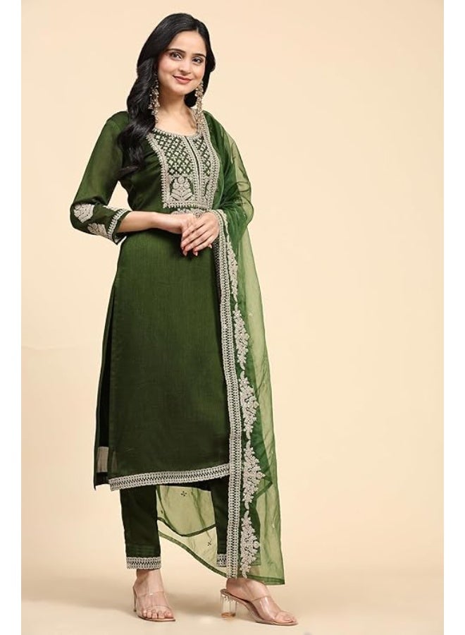 TRENDMALLS طقم بدلة نسائية من الحرير المطرز من تريندمولز، مكون من سروال وبنطال وشال، لون أخضر، مقاس 2XL - Image 3