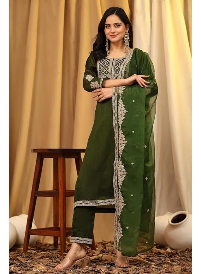 TRENDMALLS طقم بدلة نسائية من الحرير المطرز من تريندمولز، مكون من سروال وبنطال وشال، لون أخضر، مقاس 2XL - Image 2