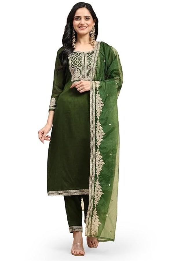 TRENDMALLS طقم بدلة نسائية من الحرير المطرز من تريندمولز، مكون من سروال وبنطال وشال، لون أخضر، مقاس 2XL - Image 1