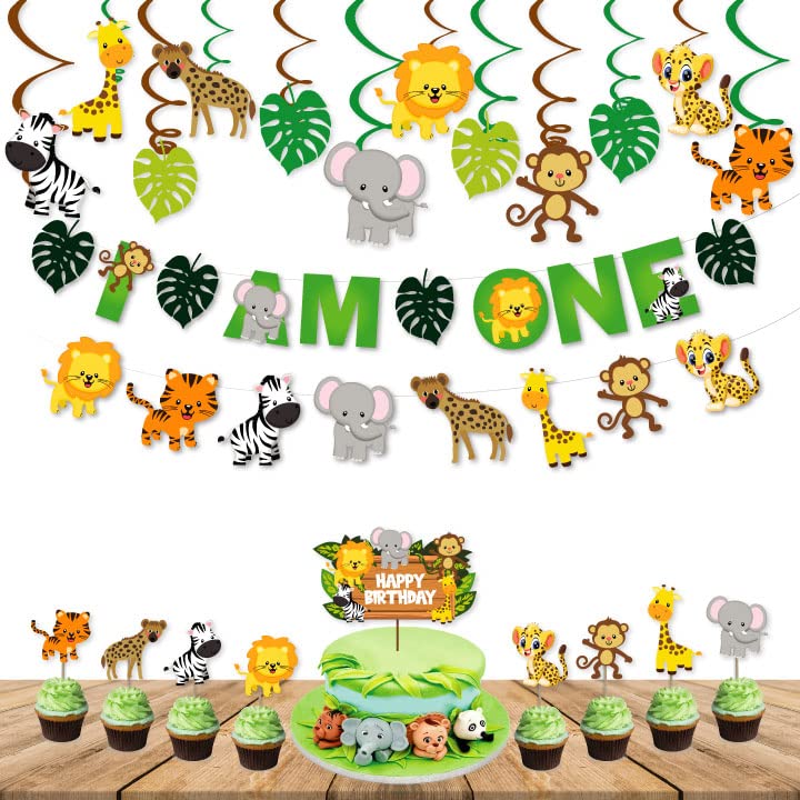 Festiko® 34 Pcs Jungle Theme I Am One Banner, Cake & Cupcake Toppers, Swirls with Cutouts, Jungle Theme 1st Birthday Supplies, I Am One Combo Decoration, Jungle Safari Party Supplies - Image 1