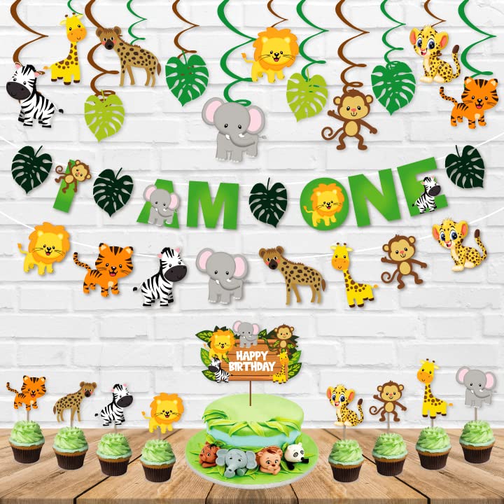 Festiko® 34 Pcs Jungle Theme I Am One Banner, Cake & Cupcake Toppers, Swirls with Cutouts, Jungle Theme 1st Birthday Supplies, I Am One Combo Decoration, Jungle Safari Party Supplies - Image 3