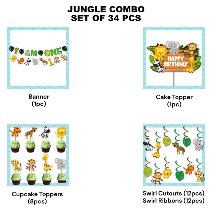 Festiko® 34 Pcs Jungle Theme I Am One Banner, Cake & Cupcake Toppers, Swirls with Cutouts, Jungle Theme 1st Birthday Supplies, I Am One Combo Decoration, Jungle Safari Party Supplies - Image 2