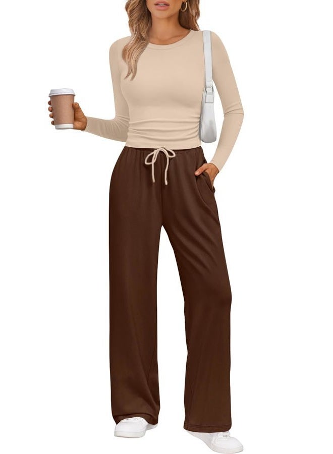 LILLUSORY 2 Piece Lounge Sets for Women Fall Outfits 2025 Two Piece Travel Sweatsuits Business Casual Fashion Clothes, Beige Brown, S - Image 1