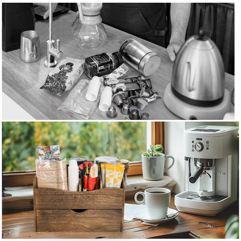 Acshio Coffee Station Organizer with Drawer, Wood Countertop Coffee Bar Accessories Organizer, Coffee Pod Holder Storage Box Coffee Condiment Caddy for Coffee Cups, Syrup, Stirrers, Tea - Image 4
