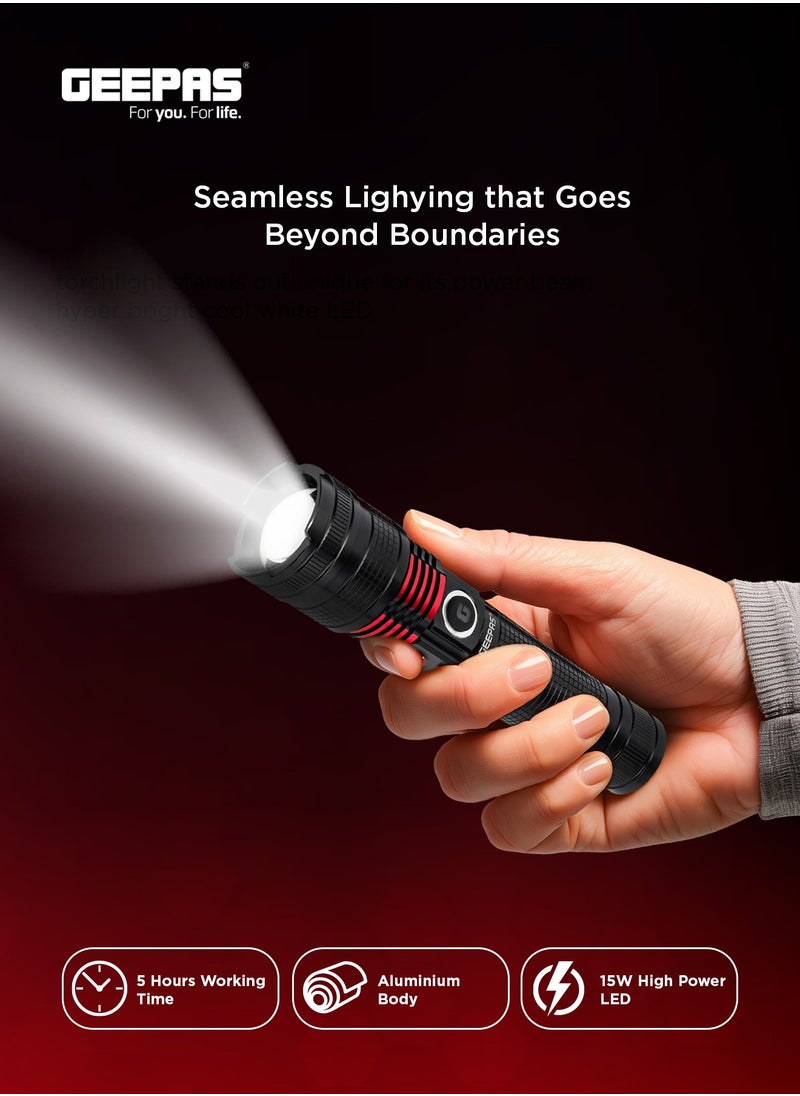 GEEPAS 2 in 1 Rechargeable LED Flashlight with Aluminum Housing, Lithium Battery, 15W High Power LED  - Image 4