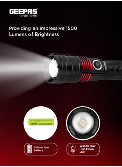 GEEPAS 2 in 1 Rechargeable LED Flashlight with Aluminum Housing, Lithium Battery, 15W High Power LED  - Image 5