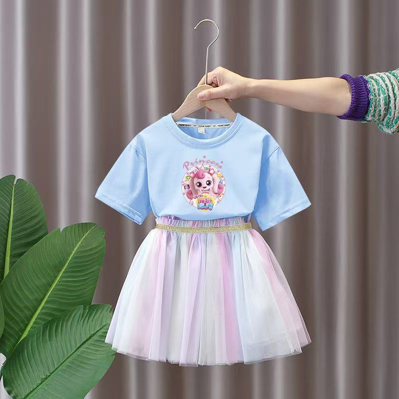 Summer Cartoon Printed Children'S Short-Sleeved Skirt Suit Western Style Girl Middle And Big Children Sweet Set - Image 3