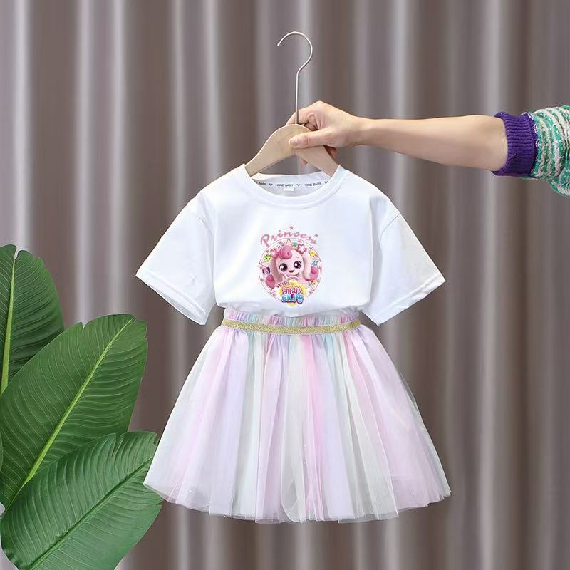 Summer Cartoon Printed Children'S Short-Sleeved Skirt Suit Western Style Girl Middle And Big Children Sweet Set - Image 4