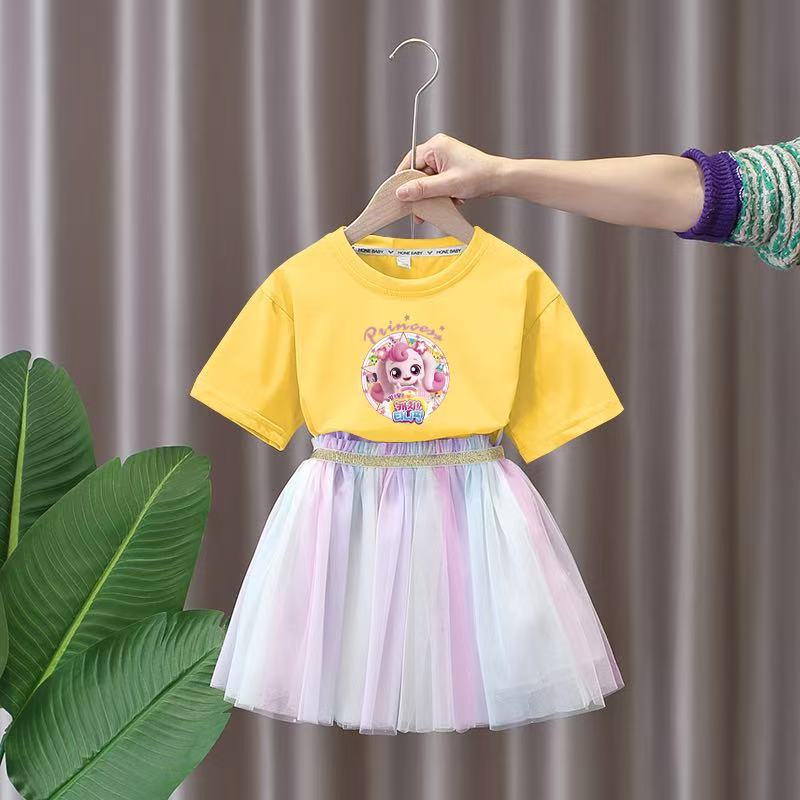 Summer Cartoon Printed Children'S Short-Sleeved Skirt Suit Western Style Girl Middle And Big Children Sweet Set - Image 1