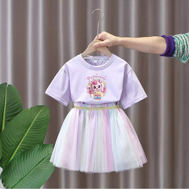 Summer Cartoon Printed Children'S Short-Sleeved Skirt Suit Western Style Girl Middle And Big Children Sweet Set - Image 2