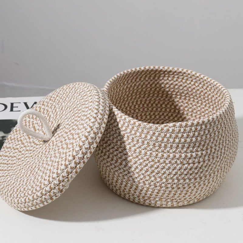 GLEAM GLEAM Round Cotton Rope Storage Basket with Lid, Decorative Woven Storage Bin, Pot, Caddy, Organizer, Container for Snacks, Towels, Plants, (Medium, Multicolour)  - Image 3