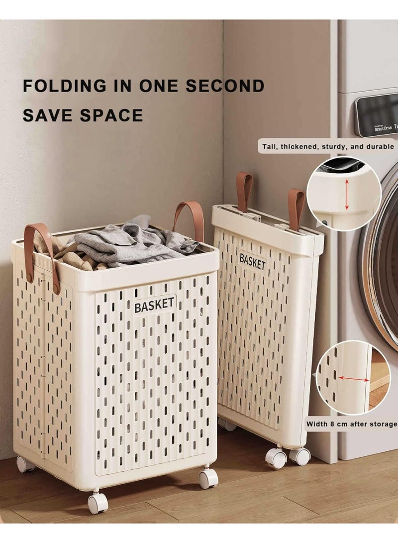 Collapsible Laundry Hamper with Wheels, Breathable Plastic Rolling Basket, Cream - Image 4