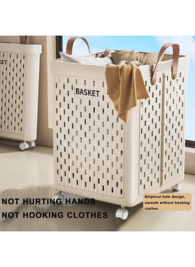 Collapsible Laundry Hamper with Wheels, Breathable Plastic Rolling Basket, Cream - Image 3