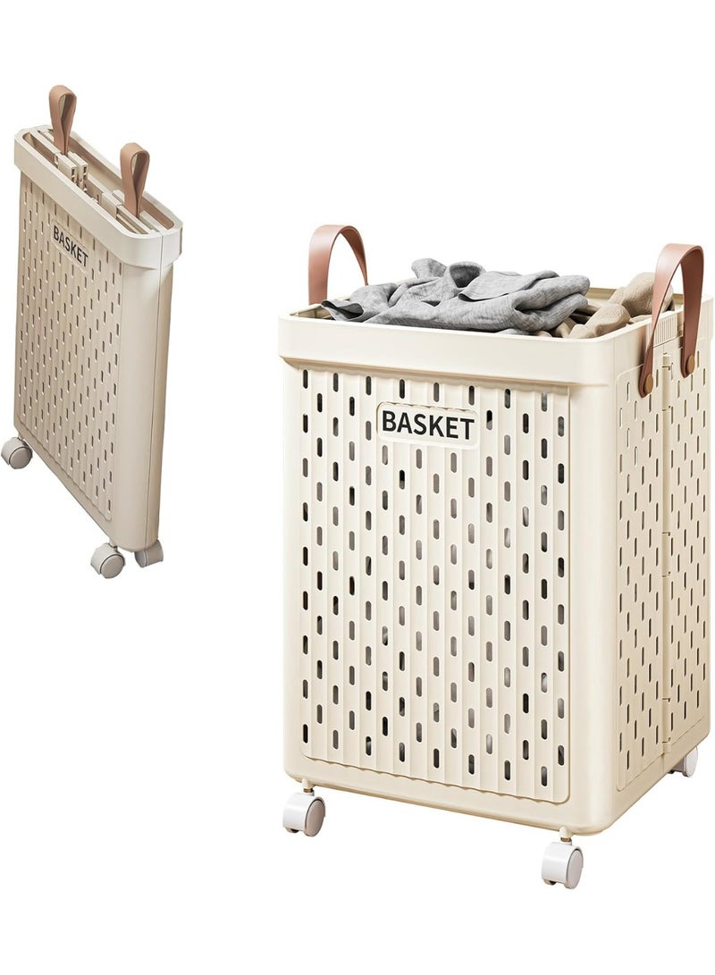 Collapsible Laundry Hamper with Wheels, Breathable Plastic Rolling Basket, Cream - Image 1