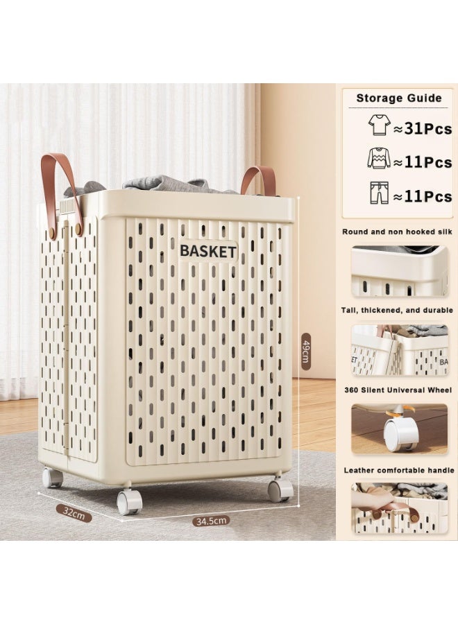 Collapsible Laundry Hamper with Wheels, Breathable Plastic Rolling Basket, Cream - Image 2