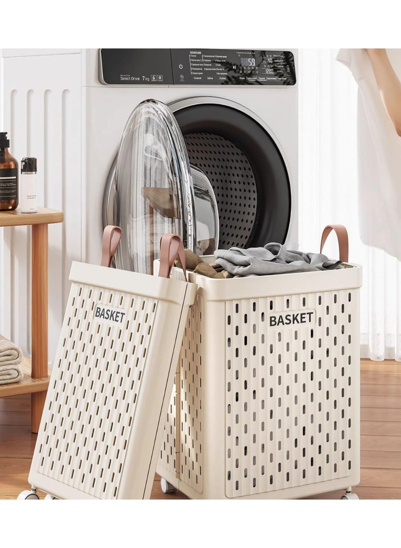 Collapsible Laundry Hamper with Wheels, Breathable Plastic Rolling Basket, Cream - Image 5