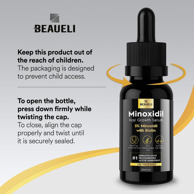 Beaueli 5% Minoxidil for Men and Women, Hair Growth, Beard Growth, Hair Regrowth, Unscented Drop, 3 Fl Oz, 3 Bottles - Image 2