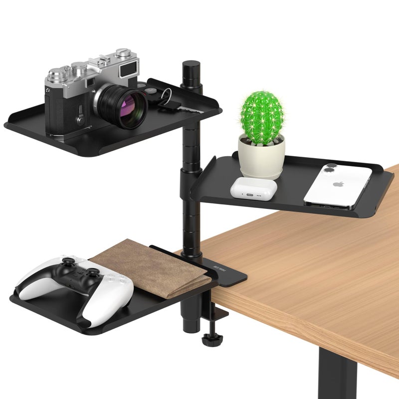 POWNEW 3 Tier Metal Clamp On Desk Shelf - 360Â° Rotatable Above/Under Table Storage, Adjustable Desktop Organizer for Home Office & Gaming, Storage Tray for Devices & Accessories - Image 1