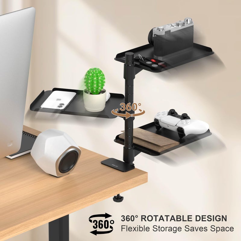 POWNEW 3 Tier Metal Clamp On Desk Shelf - 360Â° Rotatable Above/Under Table Storage, Adjustable Desktop Organizer for Home Office & Gaming, Storage Tray for Devices & Accessories - Image 2