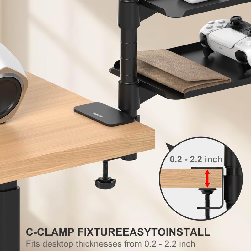POWNEW 3 Tier Metal Clamp On Desk Shelf - 360Â° Rotatable Above/Under Table Storage, Adjustable Desktop Organizer for Home Office & Gaming, Storage Tray for Devices & Accessories - Image 4