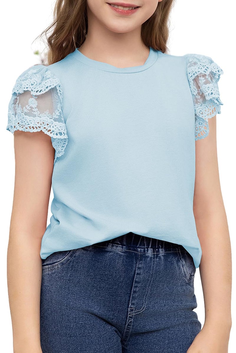 blibean Teen Girl Shirts Preteen Kid Girls Blouse Summer Short Sleeve Flowy Dress Tops Fashion Casual Dressy Clothes Fancy Solid Blouse Size 10-11 Year Old Light Blue - Image 1