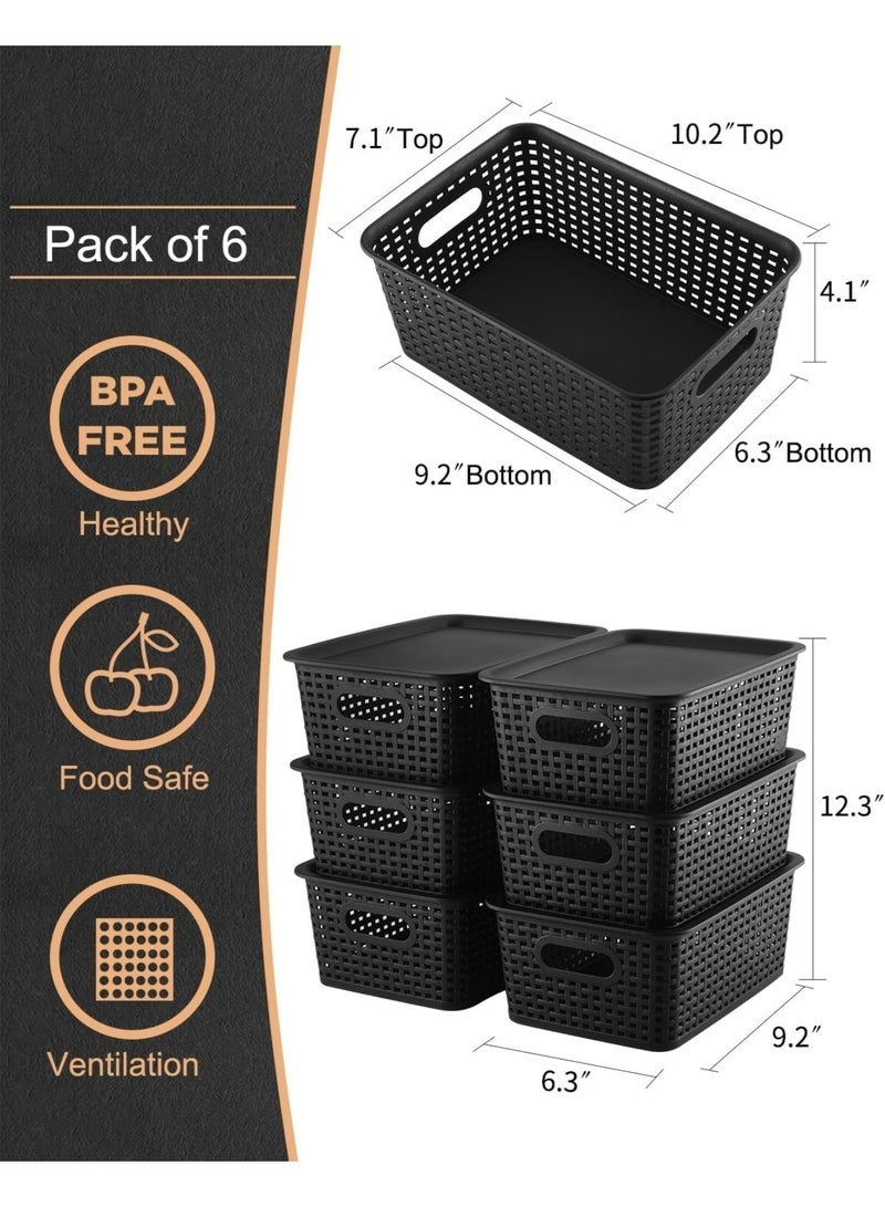 Arabest Storage Bins Plastic Storage Baskets With Lid Small Baskets for Organizing Stackable Storage Container Organizer Bins for Shelves Drawers Desktop Playroom Classroom Office, 6 Pack,Black - Image 3