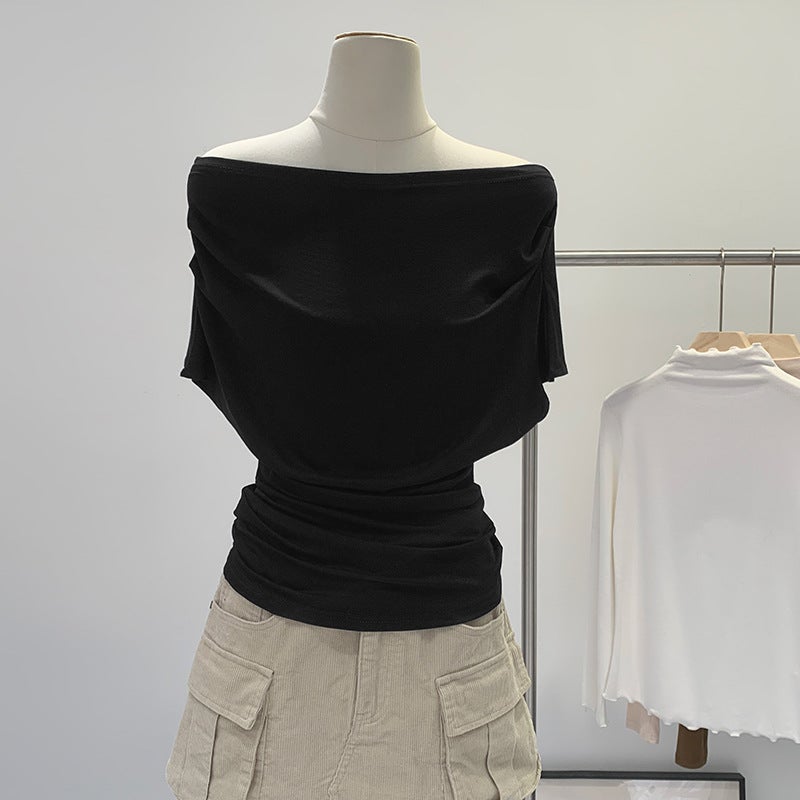 2025 Elegant French Style Girl Slant Shoulder Short-Sleeved T-Shirt Women'S Tight Waist Pleated Slim-Fit Slimming Dew - Image 1