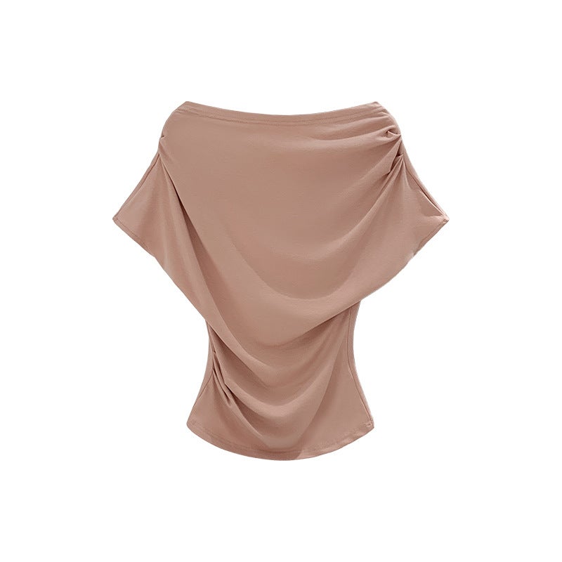 2025 Elegant French Style Girl Slant Shoulder Short-Sleeved T-Shirt Women'S Tight Waist Pleated Slim-Fit Slimming Dew - Image 5