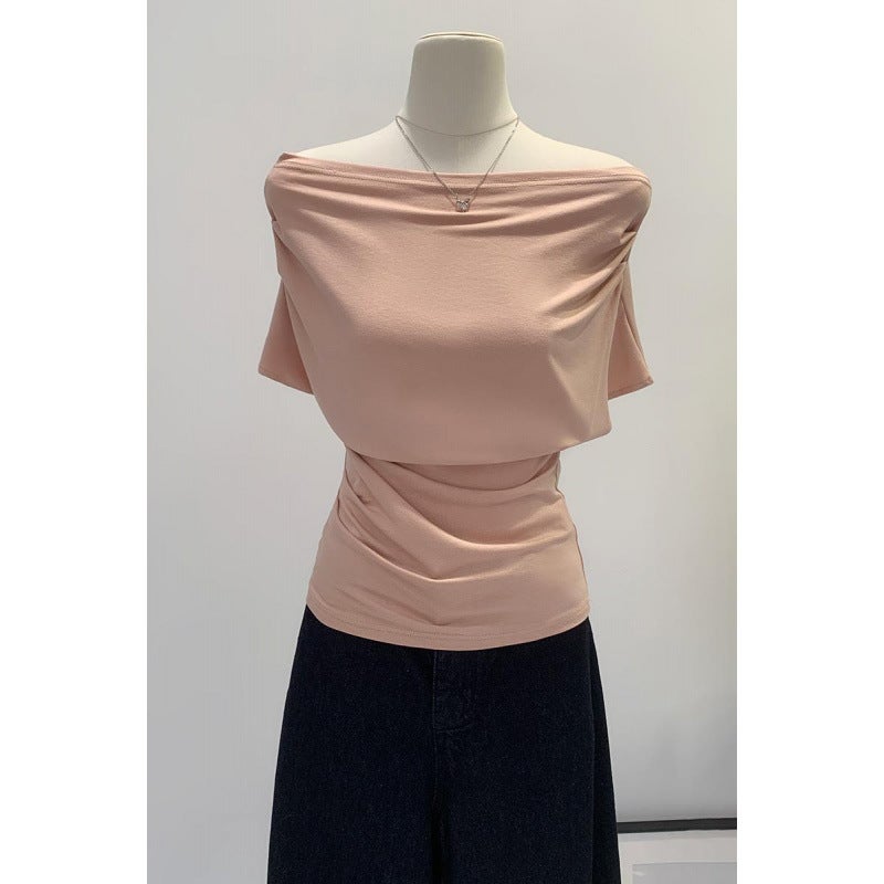 2025 Elegant French Style Girl Slant Shoulder Short-Sleeved T-Shirt Women'S Tight Waist Pleated Slim-Fit Slimming Dew - Image 2