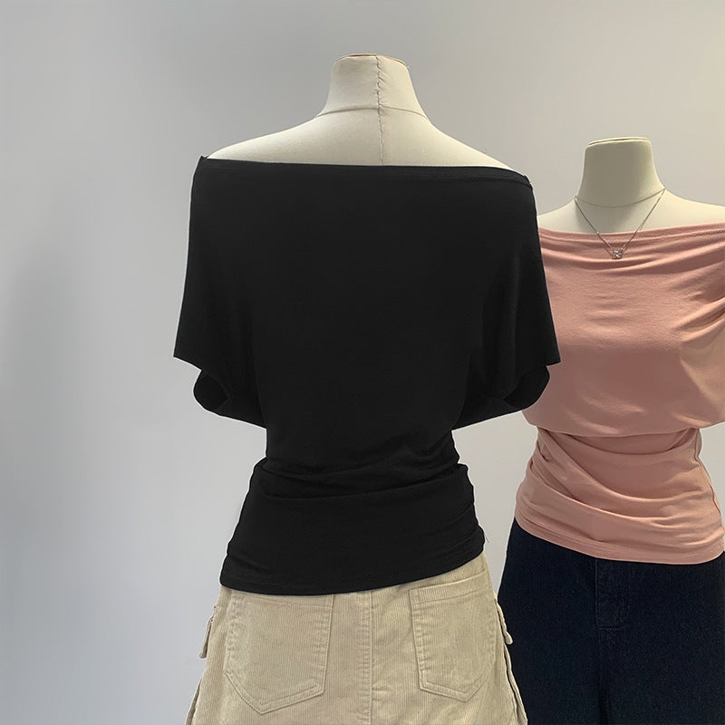 2025 Elegant French Style Girl Slant Shoulder Short-Sleeved T-Shirt Women'S Tight Waist Pleated Slim-Fit Slimming Dew - Image 4