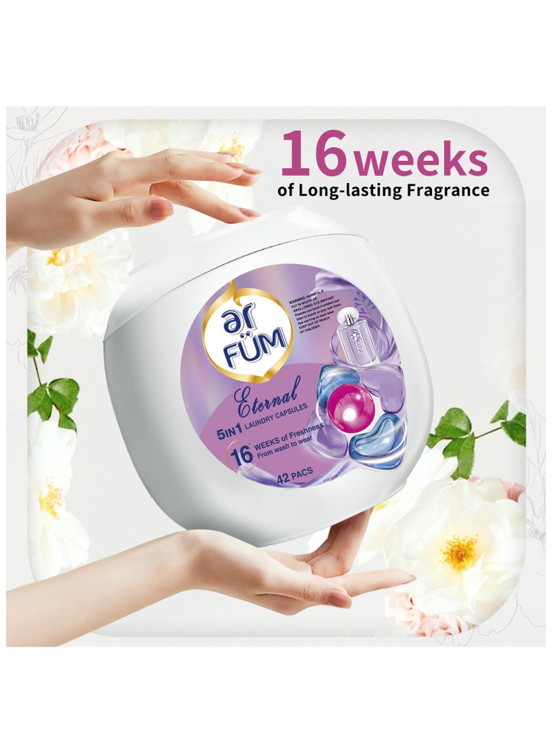 ar FUM أرفوم بودز، كبسولات منظف الغسيل 5 في 1 مع معزز العطر، مركز المنظف، ملين، حماية الألوان، مزيل بقع قوي في كبسولة واحدة، عطر يدوم 16 أسبوعًا، 42 بودز، أبدي - Image 3