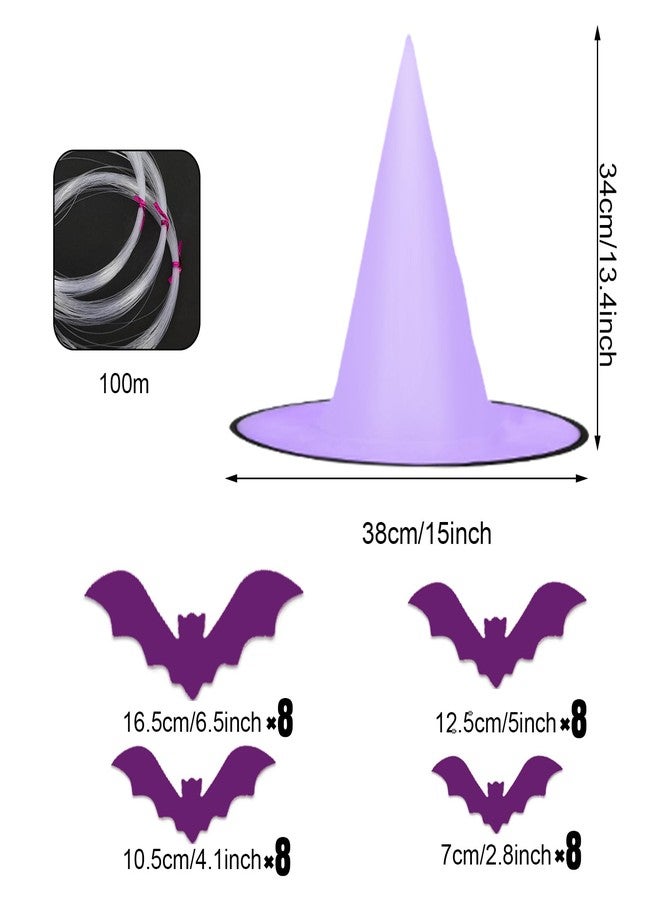 Whaline 14Pcs Halloween Purple Witch Hats with 109 Yard Hanging Rope 32Pcs 3D Bat Stickers Hanging Witch Caps for Home Garden Yard Lawn Decoration - Image 2