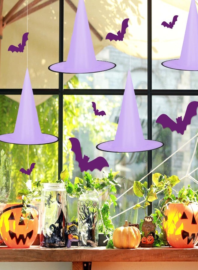 Whaline 14Pcs Halloween Purple Witch Hats with 109 Yard Hanging Rope 32Pcs 3D Bat Stickers Hanging Witch Caps for Home Garden Yard Lawn Decoration - Image 4