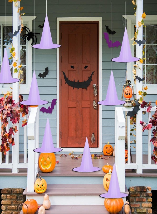 Whaline 14Pcs Halloween Purple Witch Hats with 109 Yard Hanging Rope 32Pcs 3D Bat Stickers Hanging Witch Caps for Home Garden Yard Lawn Decoration - Image 1