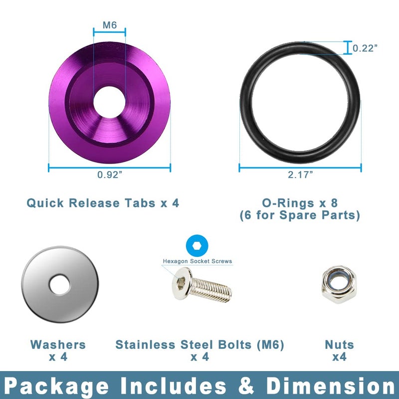 Rolling Gears JDM Bumper Quick Release Front Rear Bumper Fasteners  4 Piece (Purple)  8 x O-Ring - Image 4