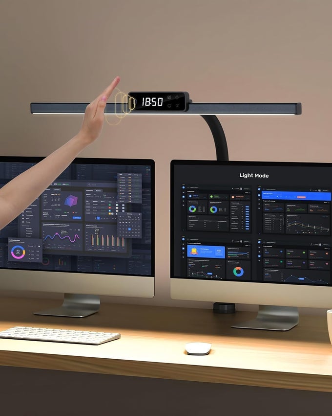 GESTURE CONTROL ALUMINIUM BODY 21 INCH EXTRA WIDE COMPUTER MONITOR LIGHT BAR LED DESK LAMP WITH DESK CLAMP STEPLESS DIMMING WITH 5 MODES TOUCH PANEL WITH ALWAYS ON CLOCK DISPLAY