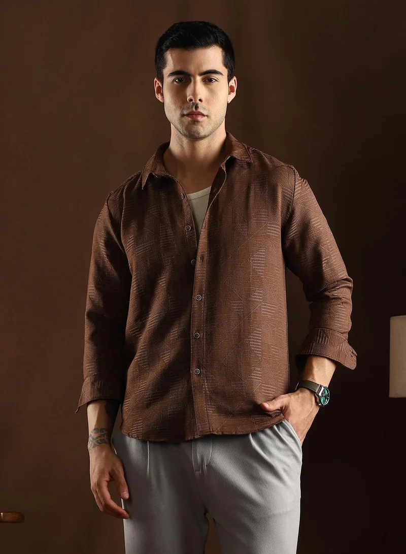 كامبوس سوترا قميص كامبس سوترا رجالي بني شوكولاتة بنسيج متداخل للملابس الكاجوال