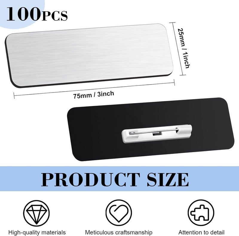 Breling 100 Pieces Name Tags with Pins 1 x 3 Inches Blank Name Tags Reusable ID Badge Holders with Clip for Office Workers Students Employee Custom(Silver and Black) - Image 2