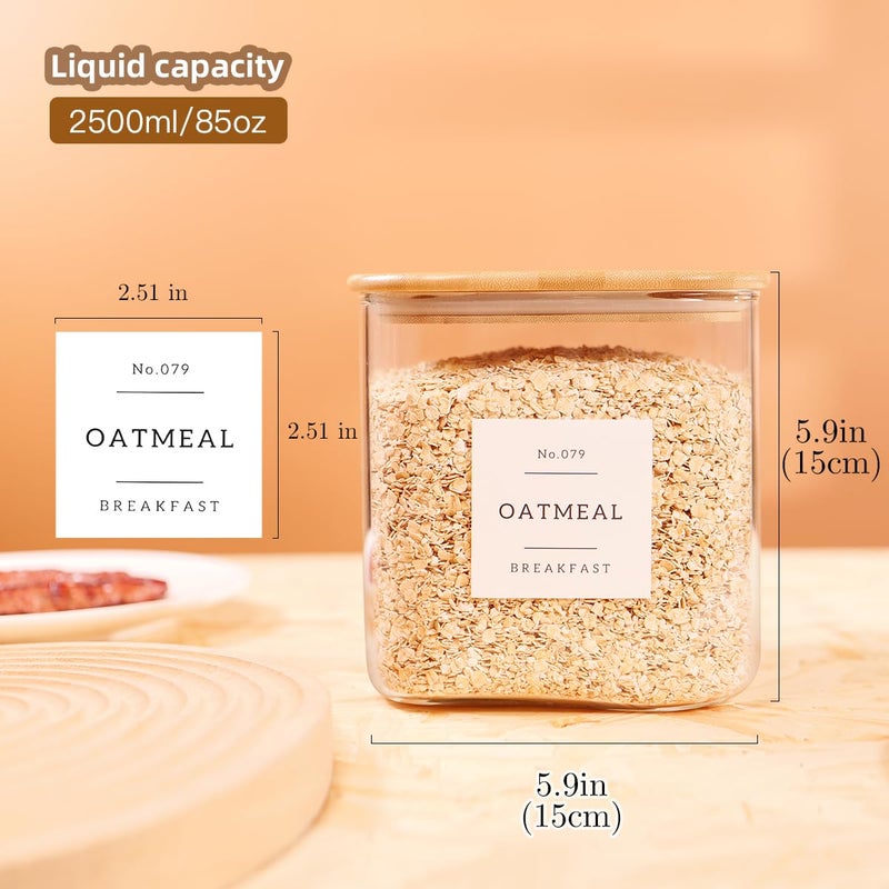 CZZGSM 2 Pack Square Glass Flour and Sugar Containers with 132 Kitchen Pantry Labels - Thicken 85 FL OZ Large Glass Storage Jars with Airtight Bamboo Lid - Big Food Canisters for Cookies, Candy, Tea, Coffee - Image 3