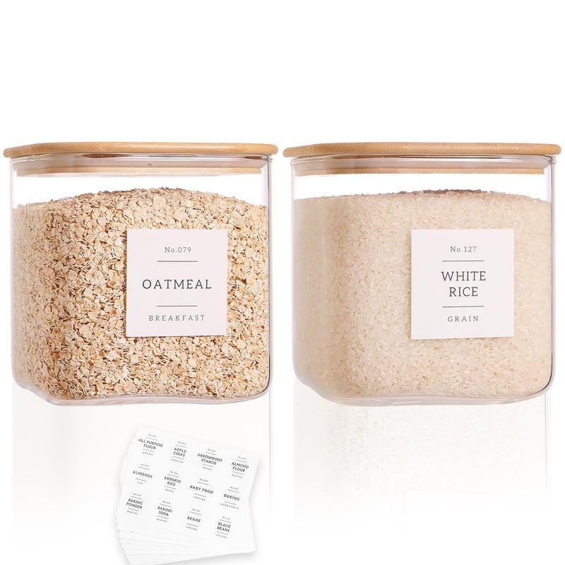 CZZGSM 2 Pack Square Glass Flour and Sugar Containers with 132 Kitchen Pantry Labels - Thicken 85 FL OZ Large Glass Storage Jars with Airtight Bamboo Lid - Big Food Canisters for Cookies, Candy, Tea, Coffee - Image 1