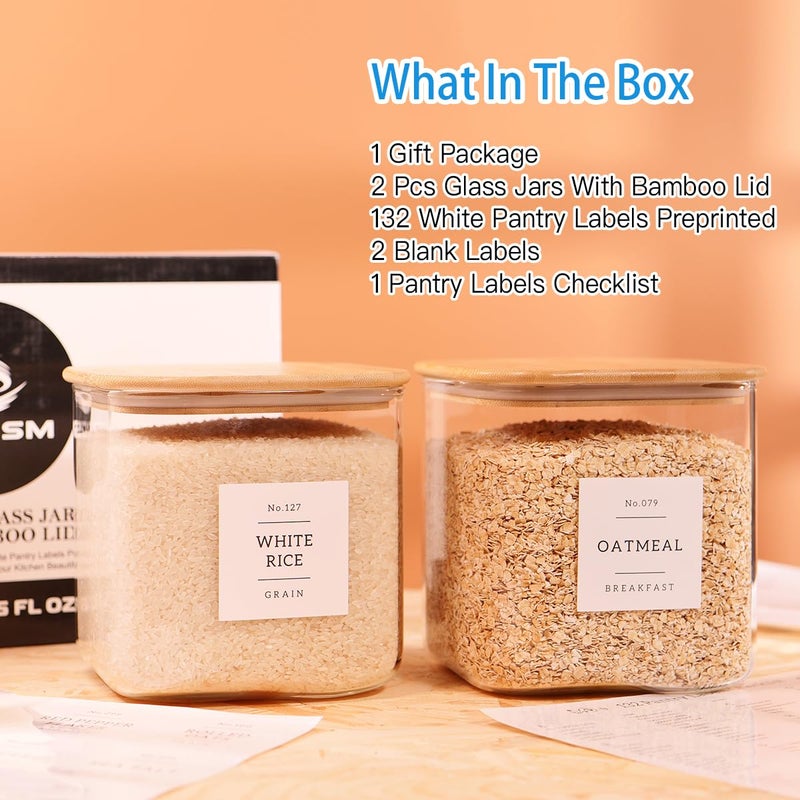 CZZGSM 2 Pack Square Glass Flour and Sugar Containers with 132 Kitchen Pantry Labels - Thicken 85 FL OZ Large Glass Storage Jars with Airtight Bamboo Lid - Big Food Canisters for Cookies, Candy, Tea, Coffee - Image 2