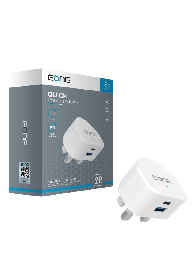 EONE 20W Fast Charger UK Plug, Dual Port USB-C PD & USB-A Wall Charger, Compact Fast Charging Adapter for iPhone, Samsung, Tablet & Devices – White - Image 1