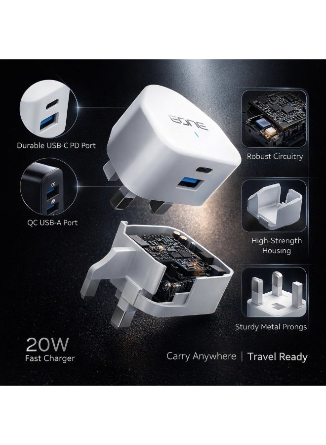 EONE 20W Fast Charger UK Plug, Dual Port USB-C PD & USB-A Wall Charger, Compact Fast Charging Adapter for iPhone, Samsung, Tablet & Devices – White - Image 5