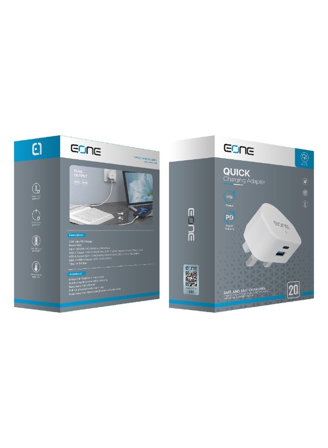 EONE 20W Fast Charger UK Plug, Dual Port USB-C PD & USB-A Wall Charger, Compact Fast Charging Adapter for iPhone, Samsung, Tablet & Devices – White - Image 2