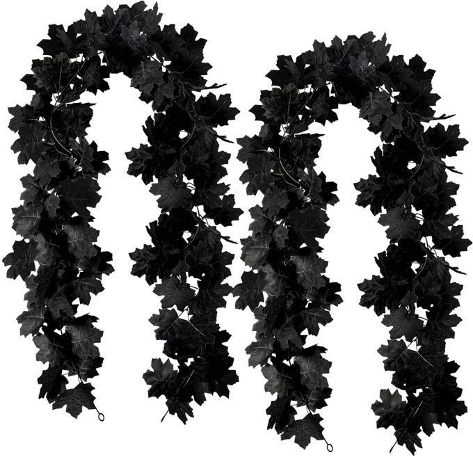 BLACK MAPLE LEAF GARLAND 2PCS HALLOWEEN ARTIFICIAL HANGING FALL LEAVE VINES FALL FLORAL GARLANDS THANKSGIVING DECOR FOR HOME WEDDING PARTY 118FT