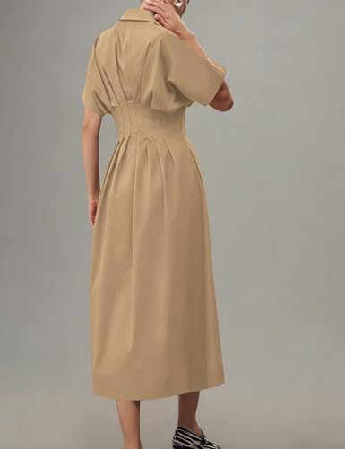 Yeokou Shirt Dress for Women Summer Casual Short Sleeve Button Down Loose Pleated Maxi Sundress with Pockets (Khaki-S) - Image 4