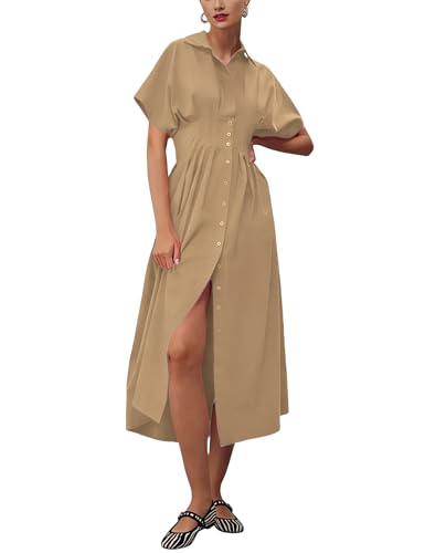 Yeokou Shirt Dress for Women Summer Casual Short Sleeve Button Down Loose Pleated Maxi Sundress with Pockets (Khaki-S) - Image 1