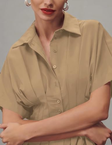 Yeokou Shirt Dress for Women Summer Casual Short Sleeve Button Down Loose Pleated Maxi Sundress with Pockets (Khaki-S) - Image 3